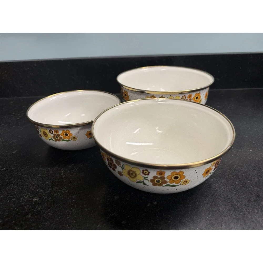 Vtg Crowning Touch Harvest Blossom Enamel Bowl Set 1970s Floral Nesting Bowls